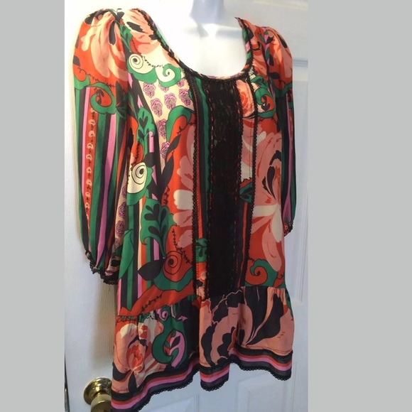 Anthro ODILLE Minted Melon Silk Blouse Lace Trim Colorful Top Shirt Pink Green - Picture 4 of 8